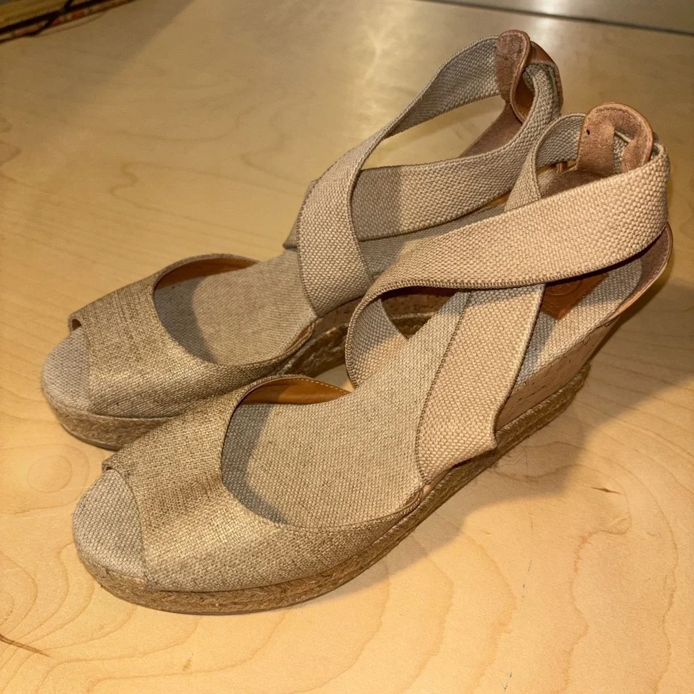 Tory Burch Natanya Espadrille Wedges Women Sz 7 Beige Linen Cork Sandal Spain